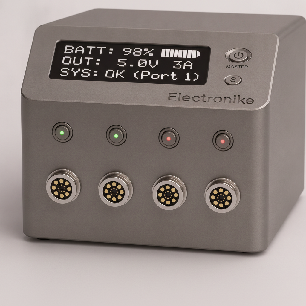 Electronike base unit with status display, master switch and four magnetic expansion ports